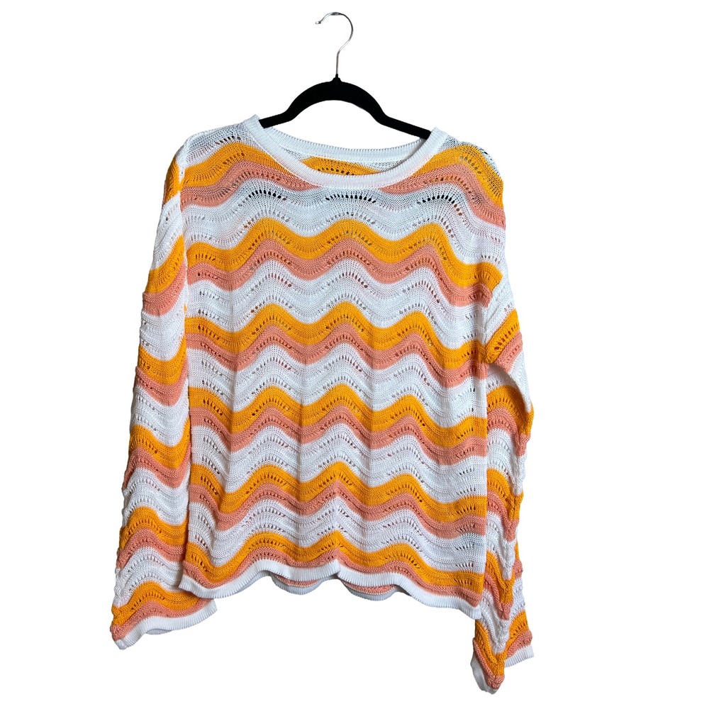 Orange Pink White Wavy Chevron Crochet Knit Sweater Long Sleeve Boho‎ Large